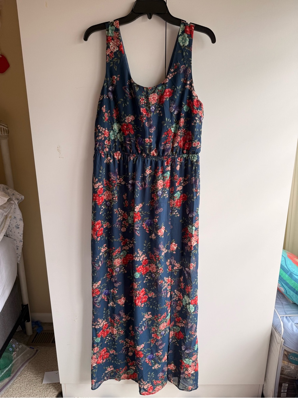 Forever 21 Navy Floral Maxi Dress with Red and Pink Blooms